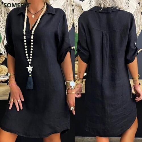 Fashion Long Blouses Women Plus Size Solid Color Cotton Linen Turn Down Collar Loose Shirt Dress blusas mujer de moda