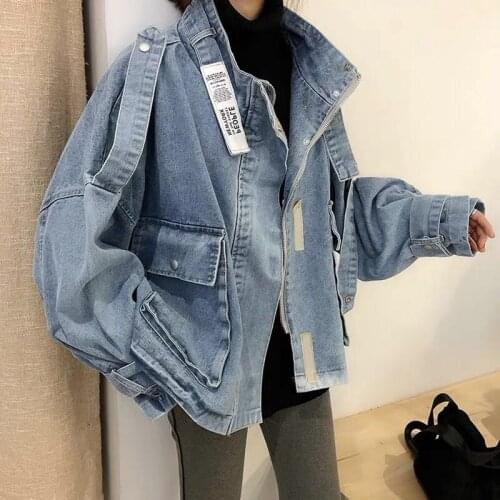Spring Autumn Vintage Letter Patch Designs Loose Denim Coat Women Casual Big Pockets denim jacket All-Match Puls Size Tops Mw848