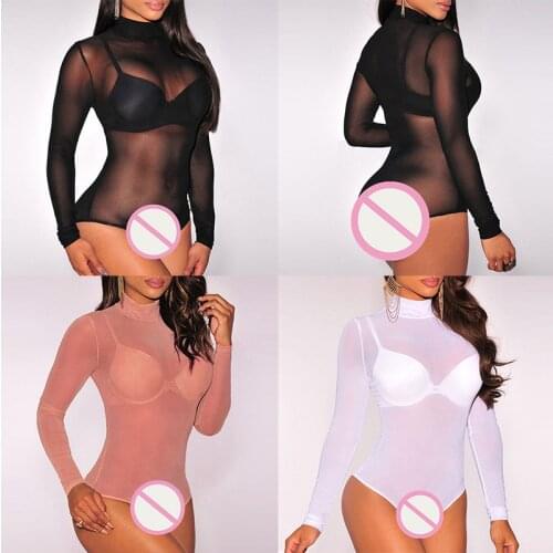 Women Sheer Mesh Fish Net Sexy One-piece Set Long Sleeve Swimsuit Female Open Sexy Nightwear Large Plus Size Slim Jumpsuits