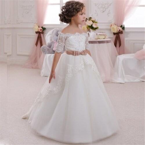 New Flower Girl Dress For Wedding White Ivory Appliques Short Sleeves O-Neck First Communion Gowns Vestidos Longo