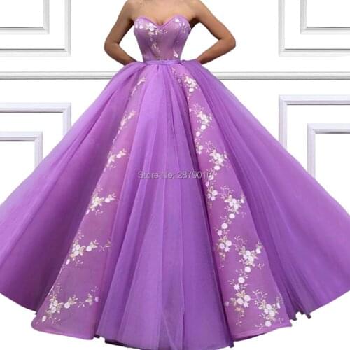 2019 Lilac Sweetheart Ball Gown Sleeveless Long Evening Dress Tulle Embroidery Floor-Length Women Dress Prom Dress Zipper