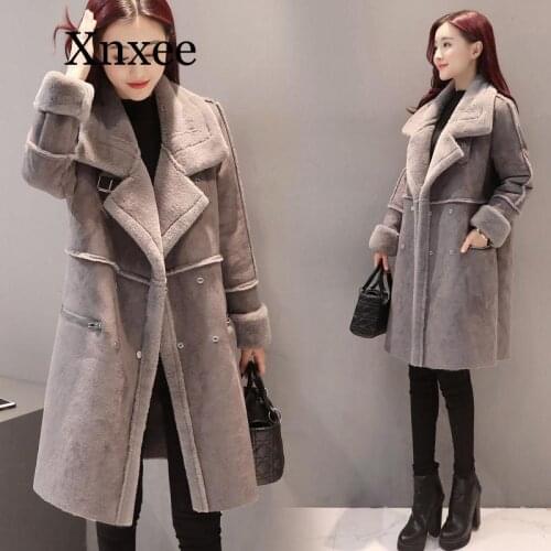 Women Winter coat fur Long plus velvet thick loose lamb fur coat jacket deerskin female of cotton clothing gray pocket thick