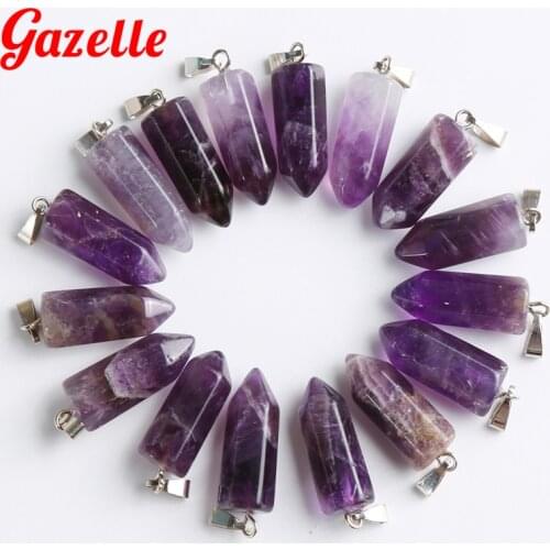 Hot NEW 12Pcs Natural Stone Purple Crystal Amethysts Hexagonal Point Pendants Necklaces Water Drop Jewelry Wholesale Lot