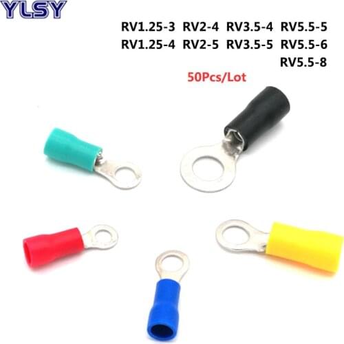 50Pcs Ring Insulated Crimp Terminals Electrical Wire Cable Connector RV1.25-3 RV2-4 RV3.5-5 RV5.5-6/8 Terminal Ferrules 22-10AWG