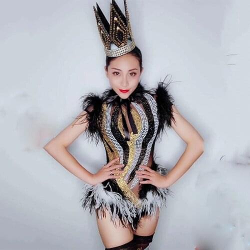 Sparkly Rhinestone Black Feather Mesh Bodysuit Leggings Nightclub Women Stage Dance Costume Drag Rave Outfit Party Wear DT1349
