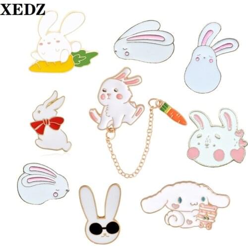 XEDZ cute white rabbit long ears carrot enamel pin rabbit baby shy expression cartoon animal cowboy backpack lapel brooch gift