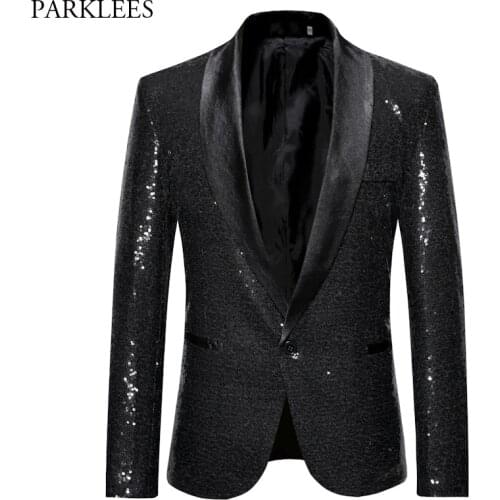 Black Sequin Suit Blazer Men 2019 Fashion Nightclub DJ Singer Performance Sequins Blazer Jacket Men Shawl Lapel Tuxedo Blazers