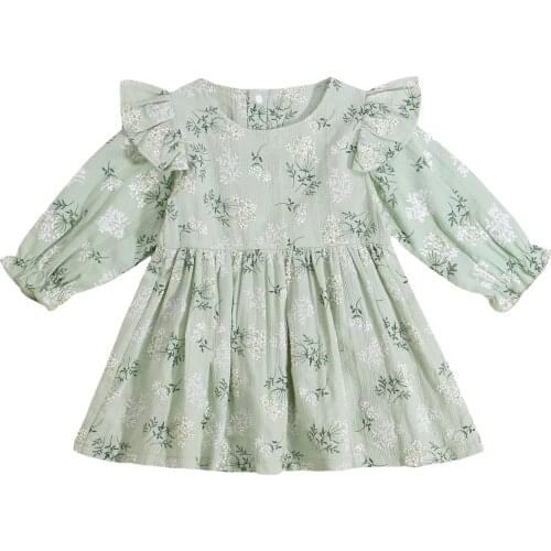 1-5Years Kid Girls Casual Dress Floral Printed Pattern Round Collar Long Sleeve Casual Dresses