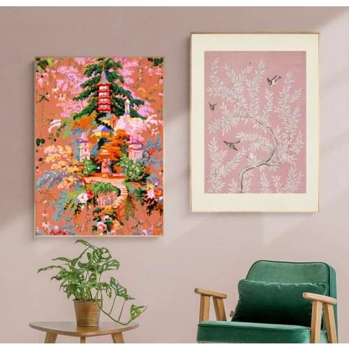 French Chinese Wall Art Canvas Painting Chinese Birds Poster Peonies Cherry Blossom Asian Traditional Prints Home Room Decor