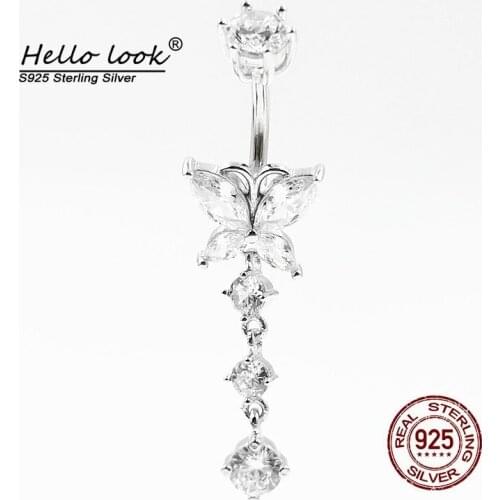 HelloLook 925 Sterling Silver Belly Button Ring Cubic Zirconia Butterfly Belly Button Nail Exquisite Body Piercing Jewelry
