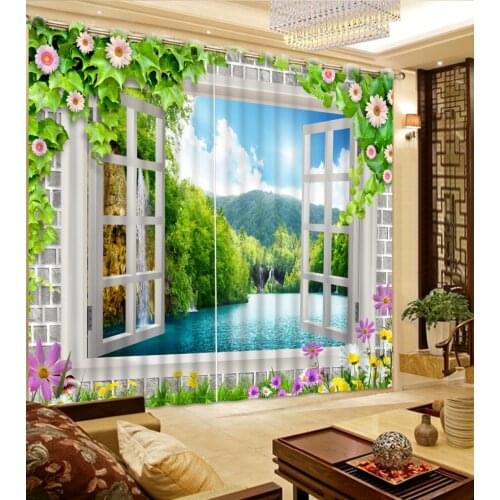 Classic Home Decor Home Bedroom Decoration 3D Curtain Lake Flowers Out Of The Window Curtains For Bedroom 3D Window Curtain