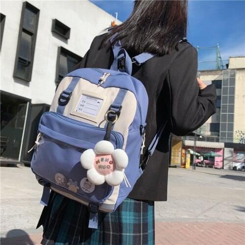 Harajuku Kawaii Backpack Nylon Women Cute Schoolbag College Girls Student Waterproof Backpack Female Pin Badge Ladies Book Bags