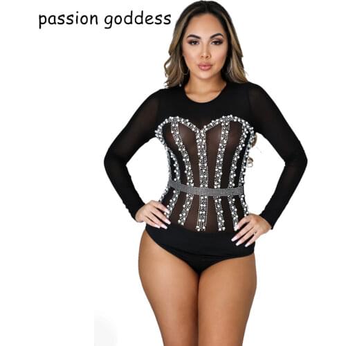 Plus Size Women Sexy Black Blue Rhinestone Perspective Mesh Bodycon Bodysuits Body Suit Tops Long Sleeve Diamond Casual Jumpsuit