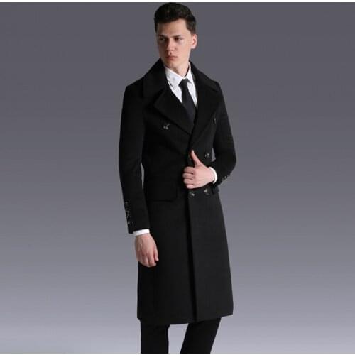 Men Fashion Double Breasted Work Business Long Wool Coat Plus Size Winter Turn-Down Collar Military Casual Solid Cashmere Coat