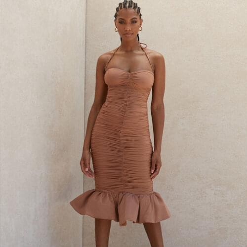 New Arrival Halter Fishtail Fashion Bodycon Dress for Women Celebrity Evening Party and Club Ruffled Vestidos