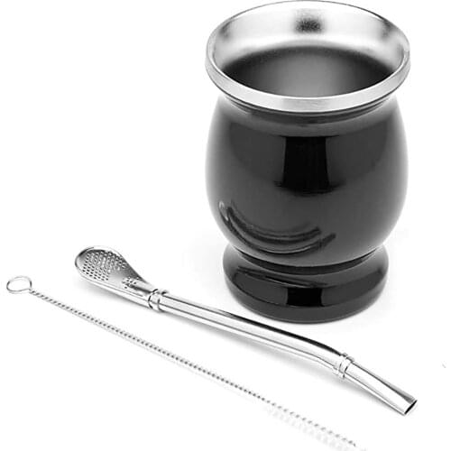 Yerba Mate Cup Gourd Natural 8oz Original Tea Cup Set 18/8 Stainless Steel with 1 Bombilla Straw & Cleaning Brush