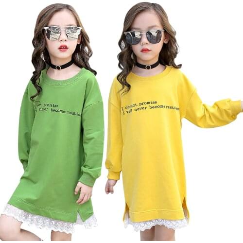 Autumn Winter Sweatshirt Girls Kids Long Sleeves Dresses Loose Lace Stitching Letters Printed Sweatshirt Dress Girls Clothing