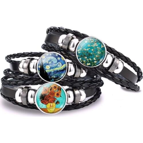 Van Gogh Art Jewelry Van Gogh Famous Oil Painting Starry Night Sunflowers Iris Glass Dome Braided Black Leather Woven Bracelet