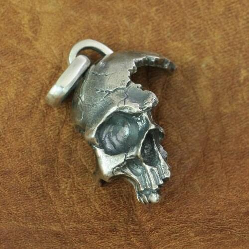 LINSION 925 Sterling Silver Broken Damaged Half Face Skull Pendant Mens Biker Pendant TA152