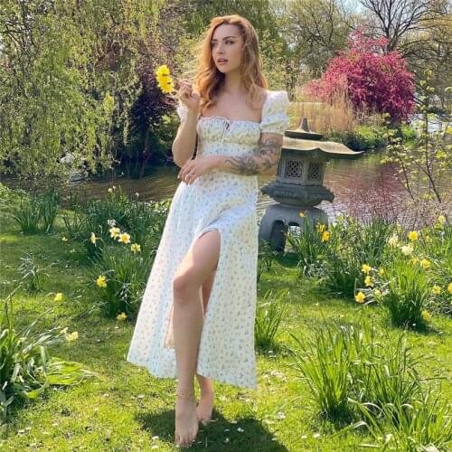 PUWD Sweet Woman Beige Floral Long Dress 2021 Summer Elegant Female Puff Sleeve Party Dresses Laides Chic Square Collar Dress