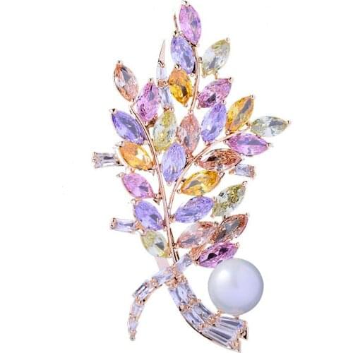 Colorful Cubic Zirconia Leaf Brooches Pins For Female Brand Design Pearl Flower Corsage New Fashion Wedding Bouttoniere