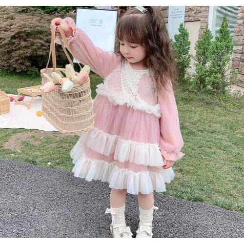 Retail 2021 Fall Boutique Floral Pink Mesh Party Long Sleeve Dress, Princess Kids Elegant Flower Clothing 2-6T