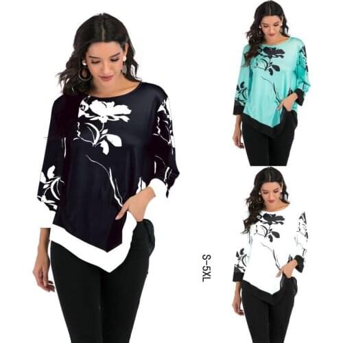 Shirt Women Spring Summer Print O-neck Blouse 3/4 Sleeve Casual Hem irregular Female Fashion Shirt Tops Plus Size S-5XL Pullover