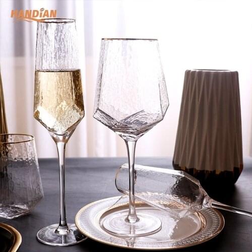 Hammered gold rimmed glass cup Vintage crystal goblet gold rimmed Champagne Cup diamond cup wine glass glassware for drinking