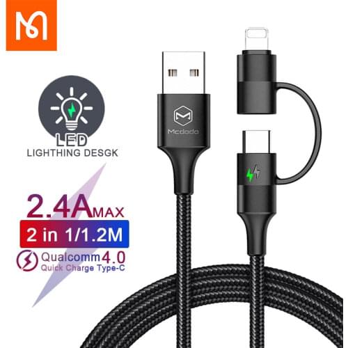 MCDODO usb Charging Cable 2 in 1 Type-C + lightning Fast Charging Cable For Iphone cases Samsung Huawei