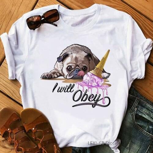 I Will Abey Pug Love Ice Cream Graphic Print Tshirts Women Funny Dog Lover T Shirt Femme Harajuku Shirt Kawaii Clothes