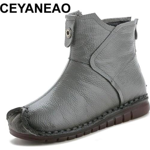 CEYANEAO 2021Winter Genuine Leather Women Ankle Boots Handmade Embroider Ethnic Style Vintage Women Shoes Flat Boots For Gift