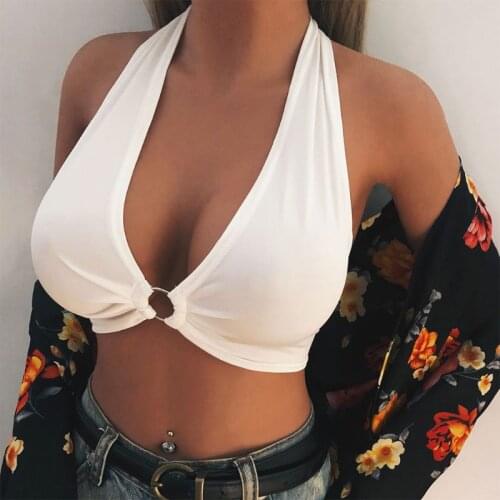 Womens Sexy Plunging Deep V-Neck Bralette Halter Wide Strap Leopard Backless Crop Top Metal Ring Ruched Push Up Bustier Clubwear