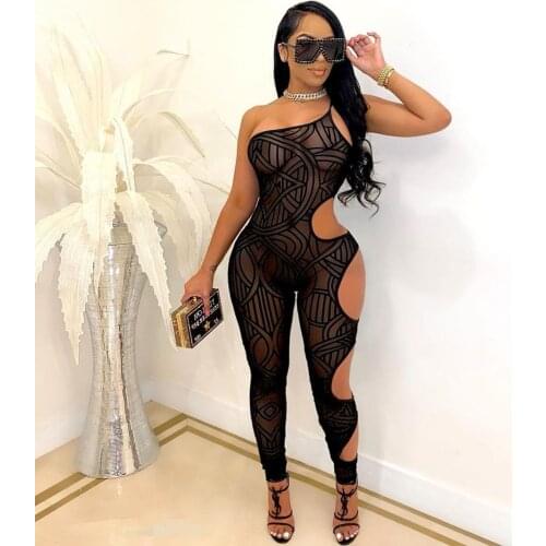 Sexy Hollow Out Mesh Sheer Bodycon Jumpsuit for Women Sleeveless Skinny Rompers One Piece Jumpsuit Birthday Party Club Outfits