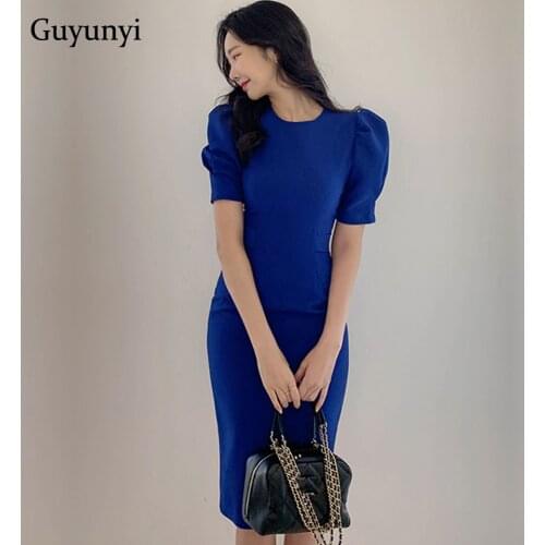 Blue Office Lady Dress 2021 Spring High Waist Pencil Fashion Simple Puff SleeveTemperament Women Elegant Party Dress Women