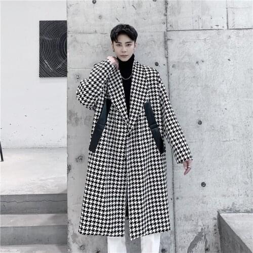2021 New Autumn Winter Casual Loose Wool Thicken Houndstooth Plaid Long Trench Coat Overcoat Male Women Streetwear Outerwear