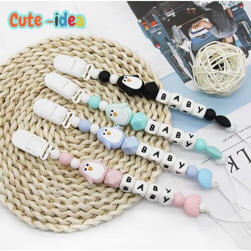 Cute-idea 1set Silicone penguin Beads Pacifier Chain Personalized Name Baby Teething Chain boy girl Baby Toys Nursing Products