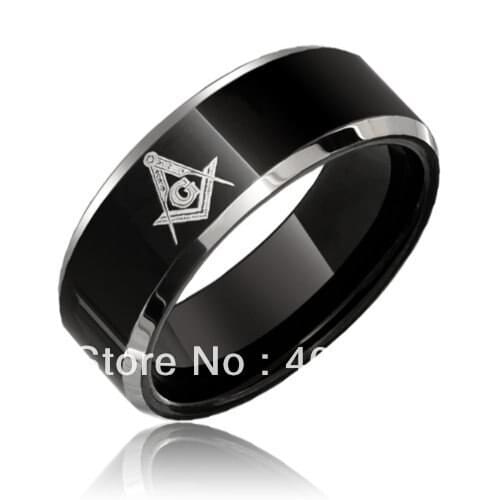 20pcs/Lot Wholesales Free Shipping USA Hot Selling 8MM Freemason Masonic Mens Black Tungsten Ring Beveled Edge Wedding Band