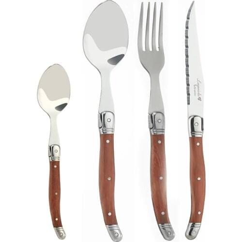 6pcs Laguiole Steak Knives Dinner Forks Table Spoon Mini Coffee Teaspoon Wood Handle Cutlery Restaurant Bar Wooden Tableware