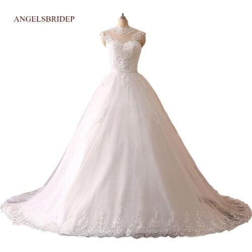 ANGELSBRIDEP High-Neck Ball Gown Wedding Dresses Robe de mariee Applique Floor-Length Tulle Formal Bridal Gowns Hot