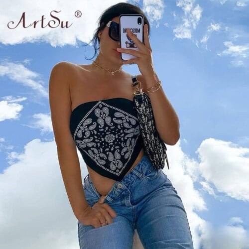 ArtSu Strapless Slash Neck Retro Ethnic Print Irregular Sexy Tank Top Streetwear Summer Black Crop Top Women Fashion Club Tops