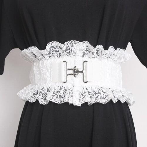 Black White Lace Wide Elastic Hook Buckle Strech Strap Women Hollout Out Flower Pattern Girls Waist Belt Spring Dress Belt 2021