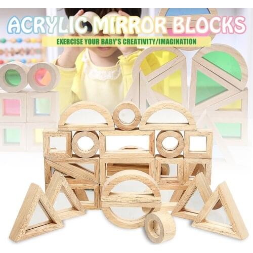 Wooden Mirror Blocks Construction Building Learning Kids Gift Stacking Block
