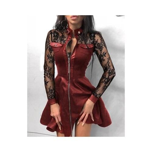 Women Plus Size 5XL Summer Lace Sleeve PU Faux Leather Mini Dress V-Neck Zipper Party Dress Sexy Bodydon Dress