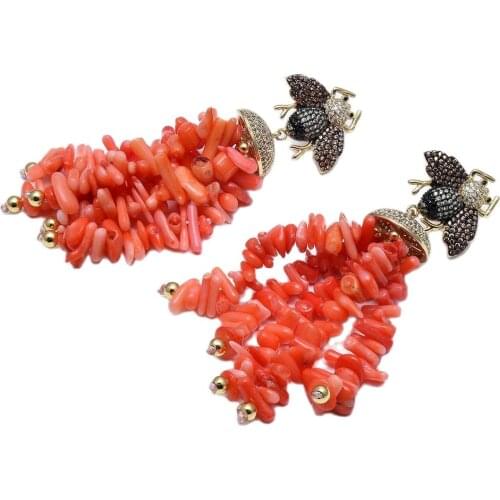 GG Jewelry Natural Orange Coral Chips CZ Paved Bee Gold Plated Insect Stud Earrings CZ Fitting For Women Girl Gifts