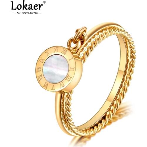 Lokaer Trendy Original Design Roman Numerals Party Rings Titanium Stainless Steel White Shell Wedding Rings For Women R20083