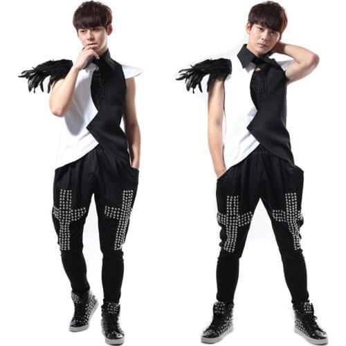 Male Novelty Black white Feather Waistcoat Vest Costumes NightClub Singer Bar DJ shirt punk rock stage performance costumes