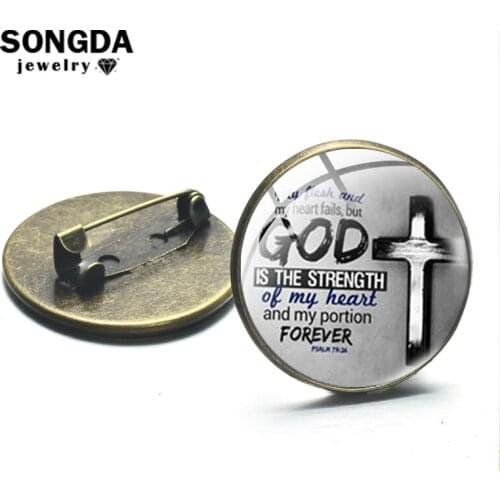 SONGDA God Is The Strength Of My Heart Bible Verse Psalm Circle Pin Brooches Women Men Badge Lapel Collar Fashion Jewelry Gifts