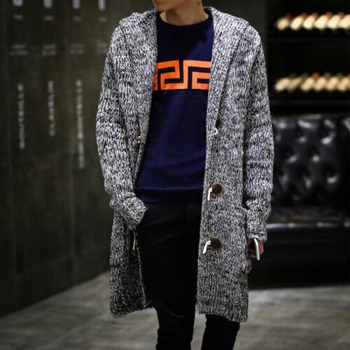 Mens Cardigan Hooded Sweaters New Fashion Male Long Sweaters Men Solid Cardigan Sweaters Long Casual Knit Coat