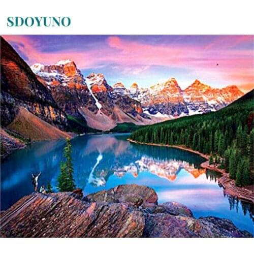SDOYUNO Acrylic Painting By Numbers Mountain Scenery DIY Paint By Numbers On Canvas Handpaint 60x75cm Frameless Home Decor
