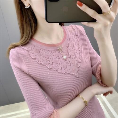 Room 198483, 3 row 5 】 make ice silk pure color round collar short sleeve knit 32